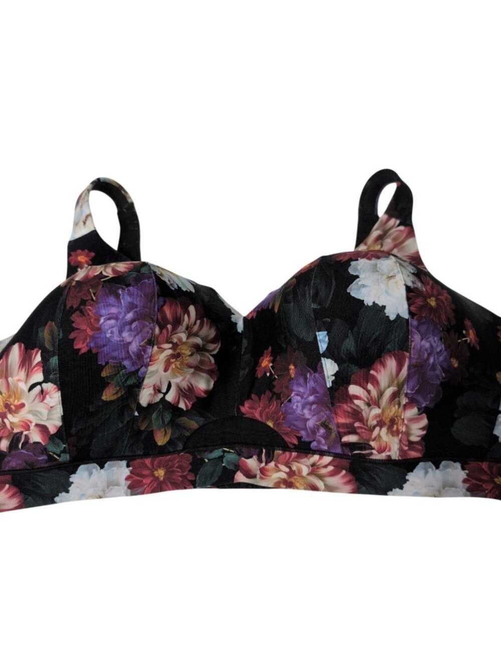 Cacique Lightly Lined No Wire Bra Womens Size 44F Black Floral Stretch Cottage